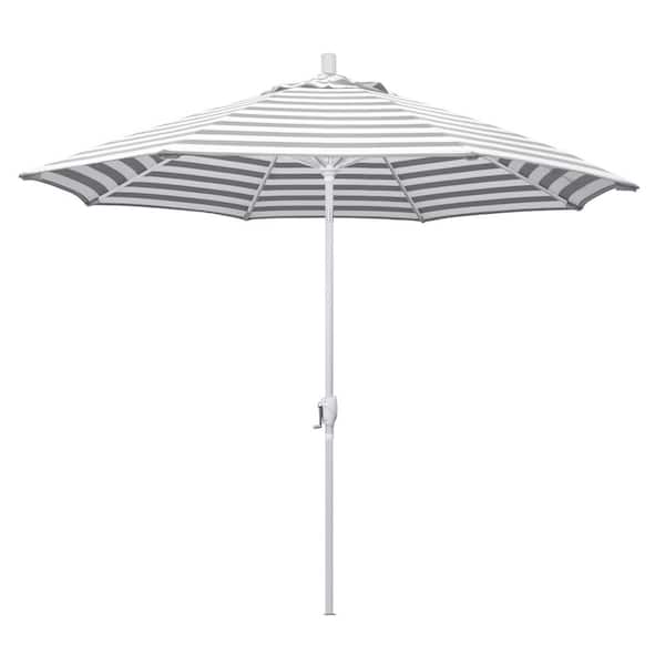 California Umbrella 9 ft. Aluminum Market Push Tilt - Matte White Patio Umbrella in Gray White Cabana Stripe Olefin