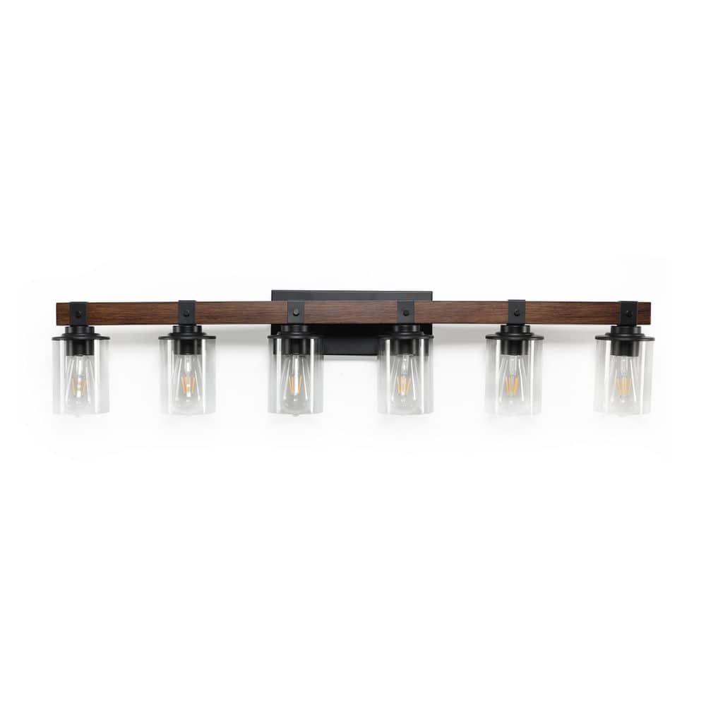 42 in. Rustic 6-Light Black Vanity Light - Industrial Farmhouse Bathroom Wall Sconce with Clear Glass Shades & Wood Damp price history on PriceWatchPro