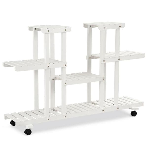 ANGELES HOME 31.5 in. Tall Indoor/Outdoor White Wood Casters Rolling Shelf Plant Stand (4-tiered)