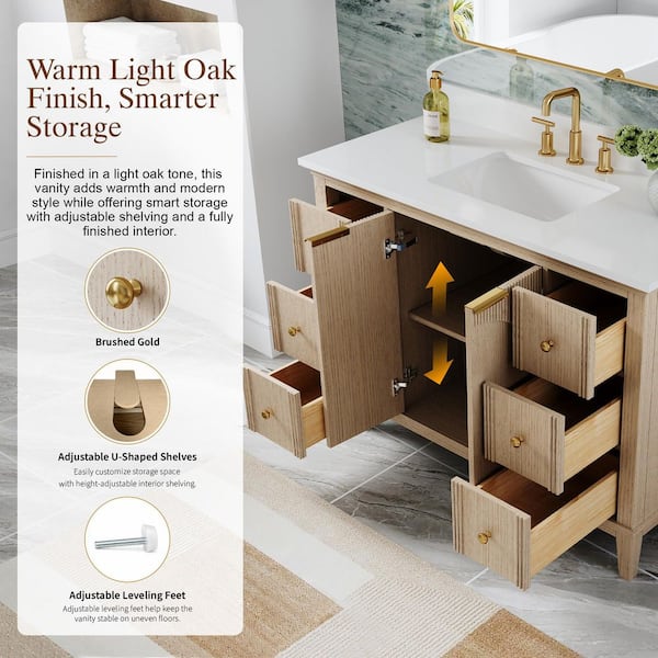 48 in. Freestanding Solid Wood Oak Bath Vanity with White Quartz Top Assembled, Soft-Close Drawers and Doors, Backsplash