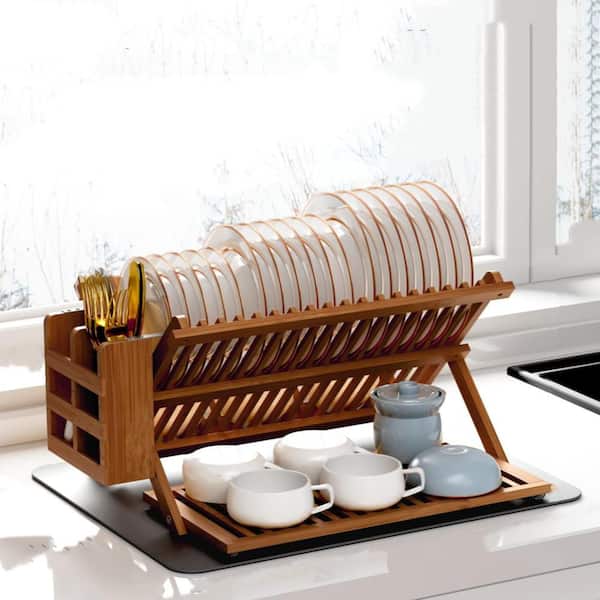 Teak Bamboo Dish Drying Rack with Utensil Holder, 3-Tier Counter Collapsible Dish Rack with Absorbent Dish Drying Mat