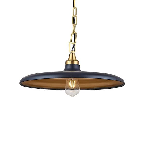 60-Watt 1 Light Black Shaded Pendant Light with Gold Hardware