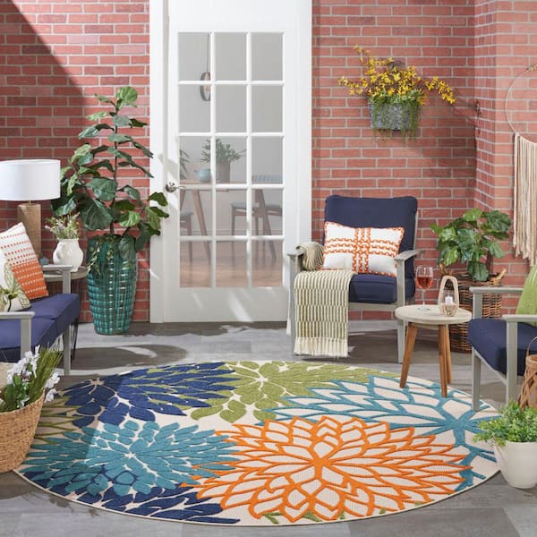 Aloha Multicolor 8 ft. x 8 ft. Round Floral Modern Indoor/Outdoor Patio Area Rug