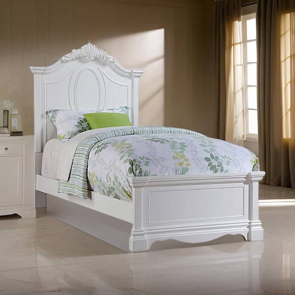 Benjara Traditional White Wood Frame Full Size Panel Bed with Headboard