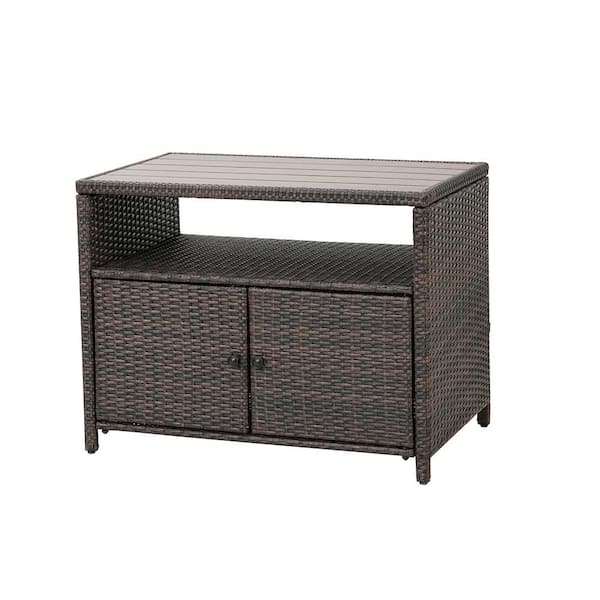 Unbranded Outdoor Brown Wicker Side Tea Cabinet Table with 2-Doors and Open Shelf