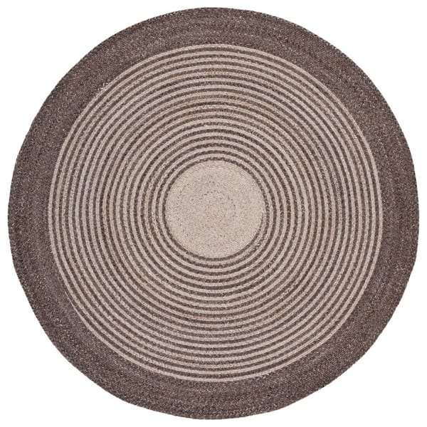 Braided 5 ft. x 5 ft. Brown/Beige Border Striped Gradient Round Area Rug