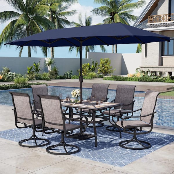 PHI VILLA Black 8-Piece Metal Rectangle Patio Outdoor Dining Set with Geometric Table, Umbrella and Textilene Swivel Chairs
