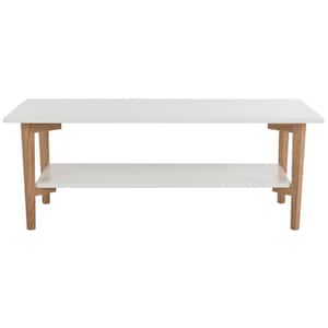 Caraway 48 in. White/Light Brown Wood Coffee Table with Shelf