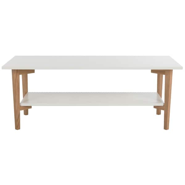 SAFAVIEH Caraway 48 in. White/Light Brown Wood Coffee Table with Shelf