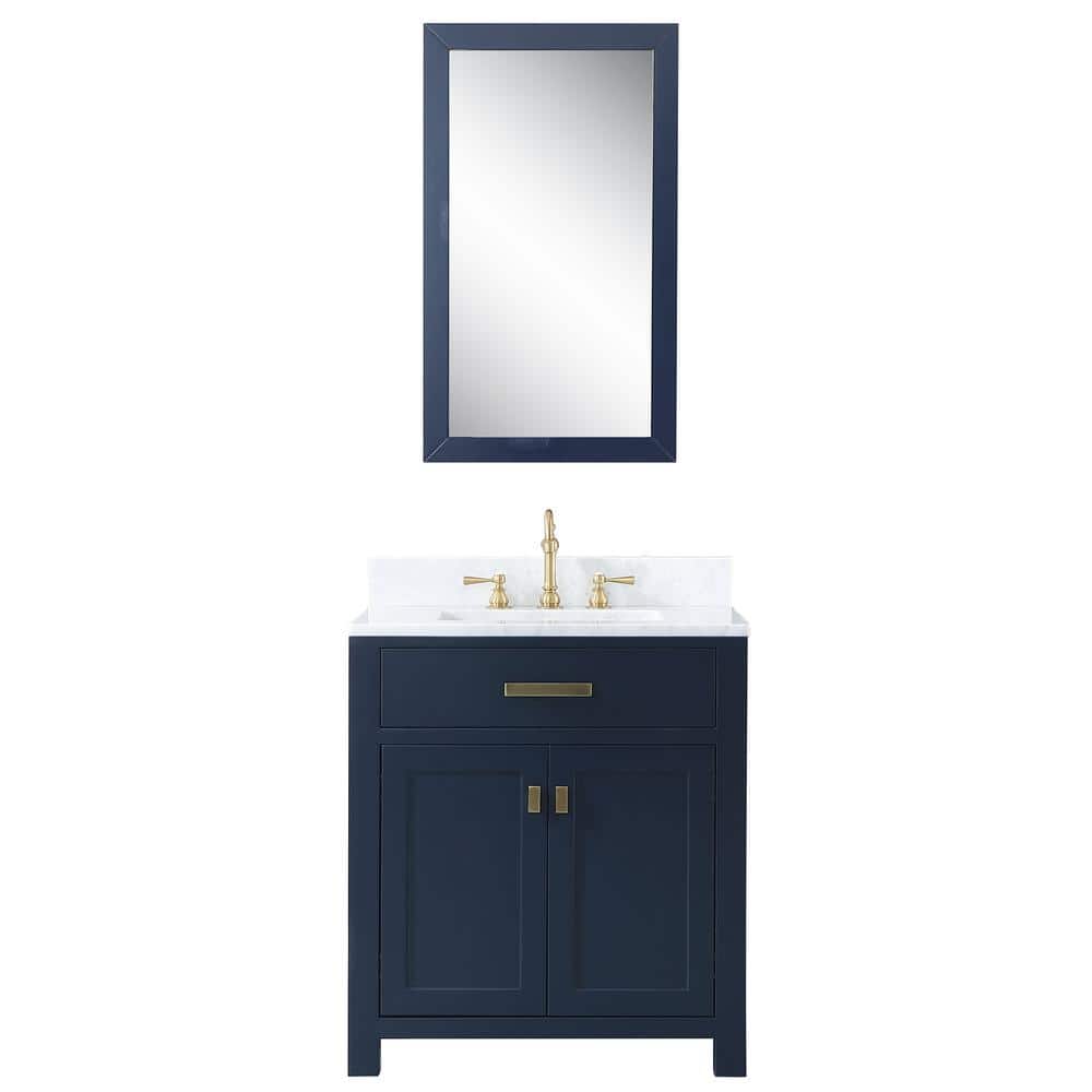 Water Creation Madison 30 In Bath Vanity In Monarch Blue With Carrara White Marble Vanity Top With White Basins And Mirror And Faucet Vmi030cwmb33 The Home Depot