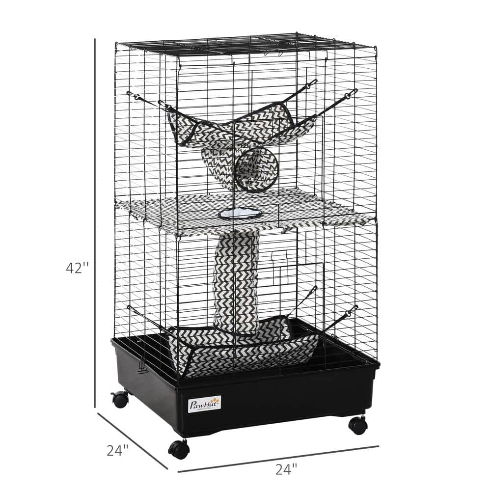 PawHut 42" Black Metal Ferret Cage with Hammocks and Tunnels