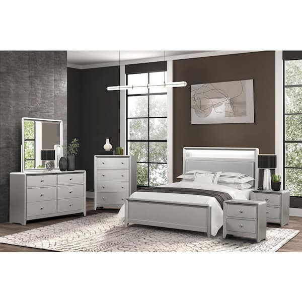 Furniture of America Alwin 6-Piece Champagne Wood Frame King Panel Bedroom Set with LED on Bookcase Headboard and USB Ports on Both Sides