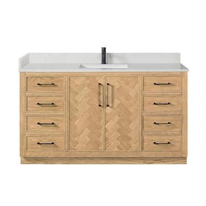 Jakarta 60 in.W x 22 in.D x 33.9 in.H Single Bath Vanity in Oak Weathering Light Brown with Silk White Quartz Stone Top