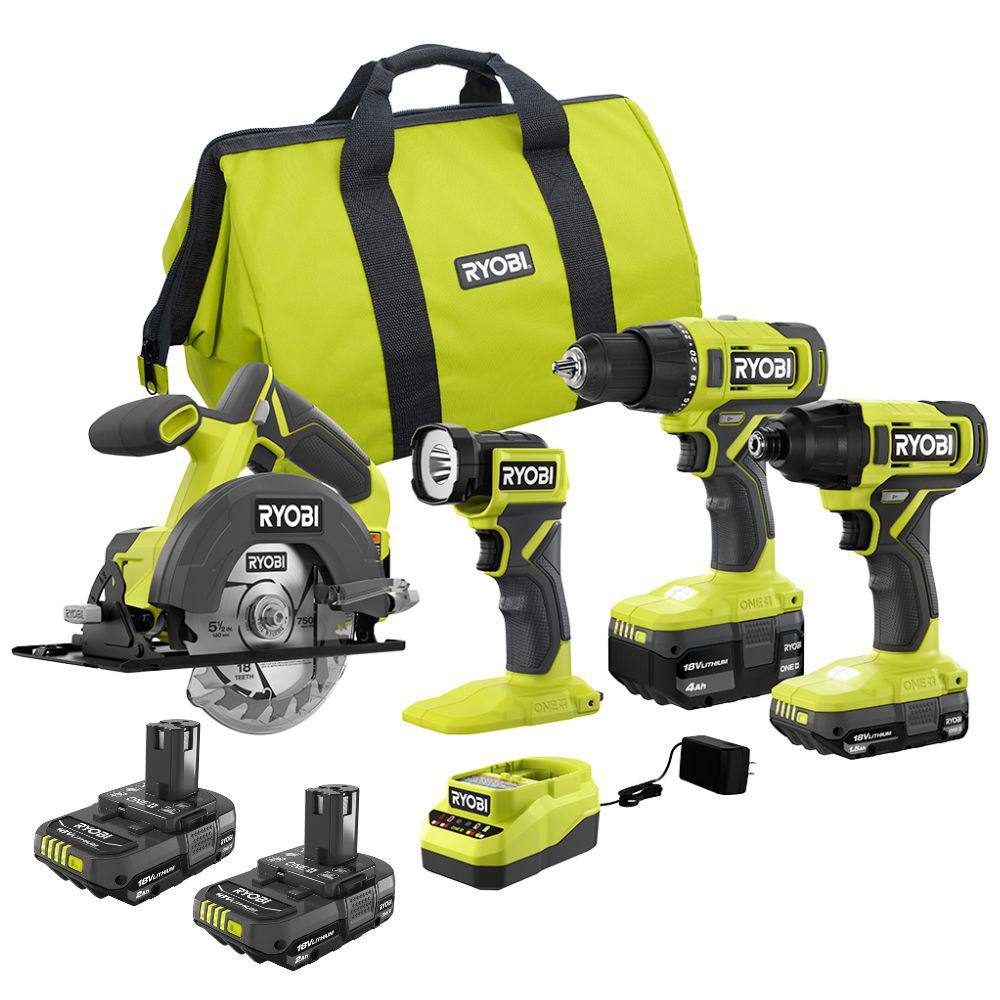 RYOBI ONE+ 18V Cordless 4-Tool Combo Kit with 1.5 Ah Battery, 4.0 Ah ...