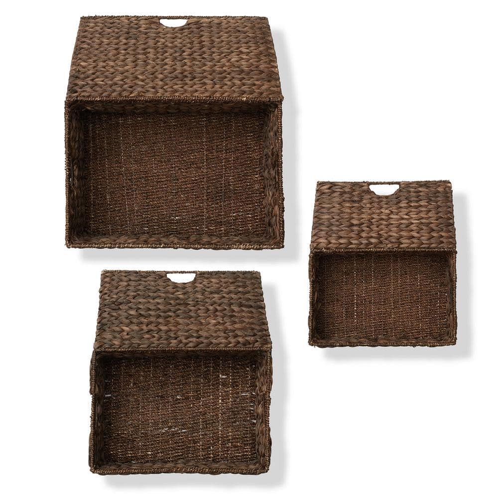 Set of 3 Brown Water Hyacinth Rectangular Storage Baskets with Lids