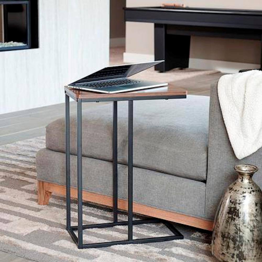 Mid-Century Walnut and Black Metal C-Shaped End Table