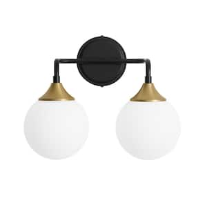 14.17 in. 2-Light Black and Gold Vanity Light w/ Milk White Glass Shade, Suitable for Bathrooms Dining Room Powder Room