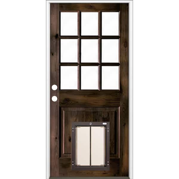 Krosswood Doors 36 in. x 80 in. Right-Hand 9 Lite Clear Glass Black Stained Wood Prehung Door with Large Dog Door