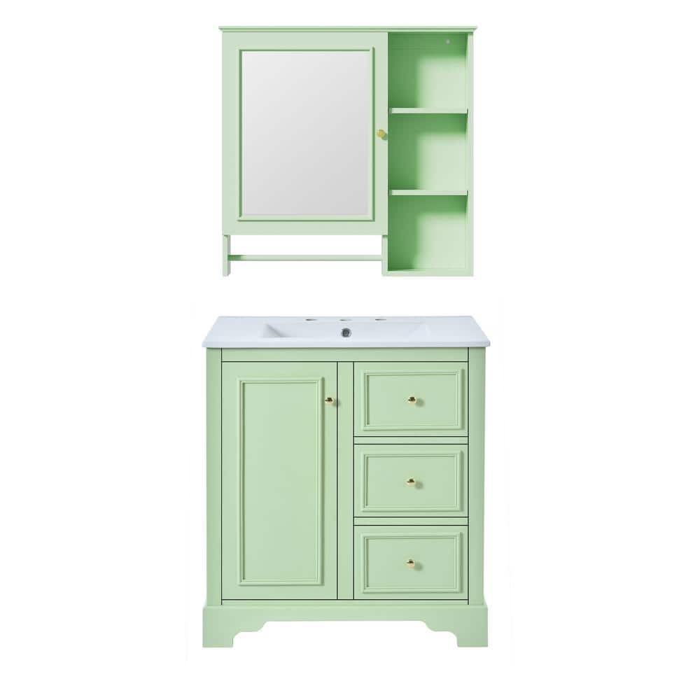 30 in. W Single Sink Freestanding Bath Vanity in Green with White Ceramic T