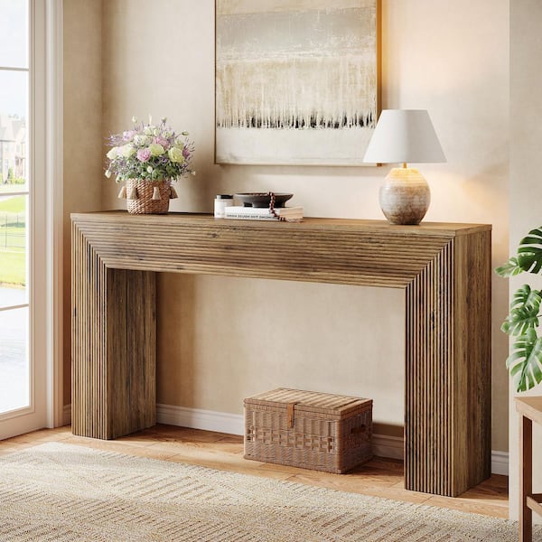 63 in. Rustic Brown Rectangle Wood Console Table, Long Fluted Sofa Table Behind Couch for Entryway, Living Room