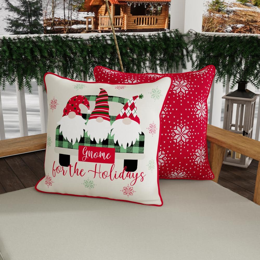 Gnome for the Holidays Red and White Reversible Outdoor Throw Pillow