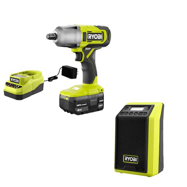 RYOBI ONE+ 18V Cordless 2-Tool Combo Kit with 1/2 in. Impact Wrench, Compact Radio w/ BLUETOOTH, 4.0 Ah Battery, and Charger