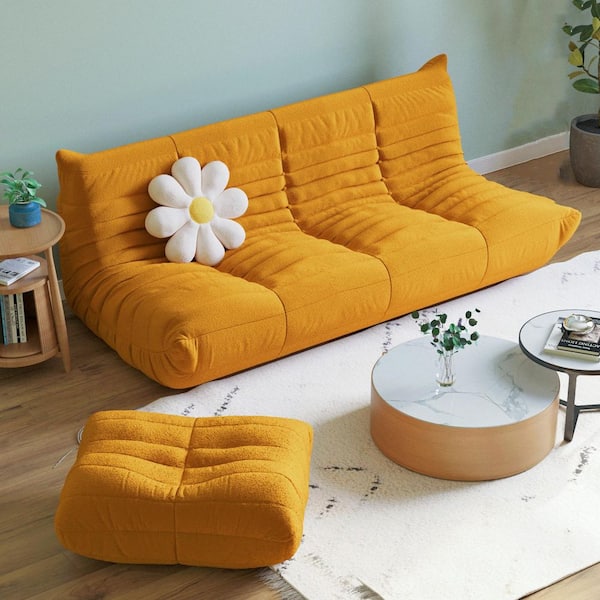 Magic Home 2-Piece Lazy Sofa Teddy Velvet Living Room Set with 3 Seater and Ottoman,Yellow