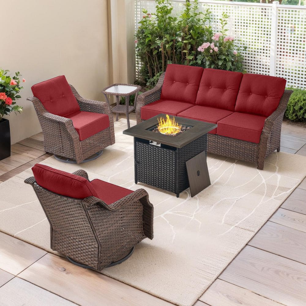 Henn 5-Piece Brown Wicker Patio Conversation Sofa Sets Outdoor Propane Fire Pit Table with Red Cushions, Swivel Chairs price history on PriceWatchPro