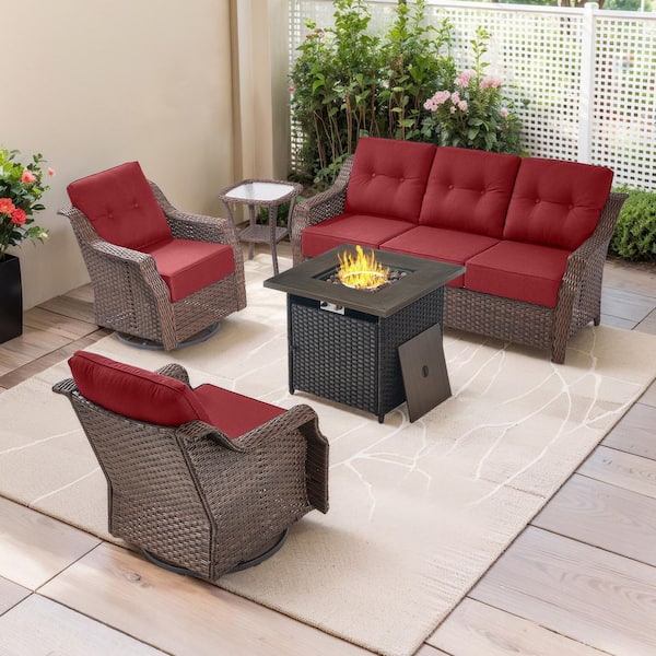 Henn 5-Piece Brown Wicker Patio Conversation Sofa Sets Outdoor Propane Fire Pit Table with Red Cushions, Swivel Chairs