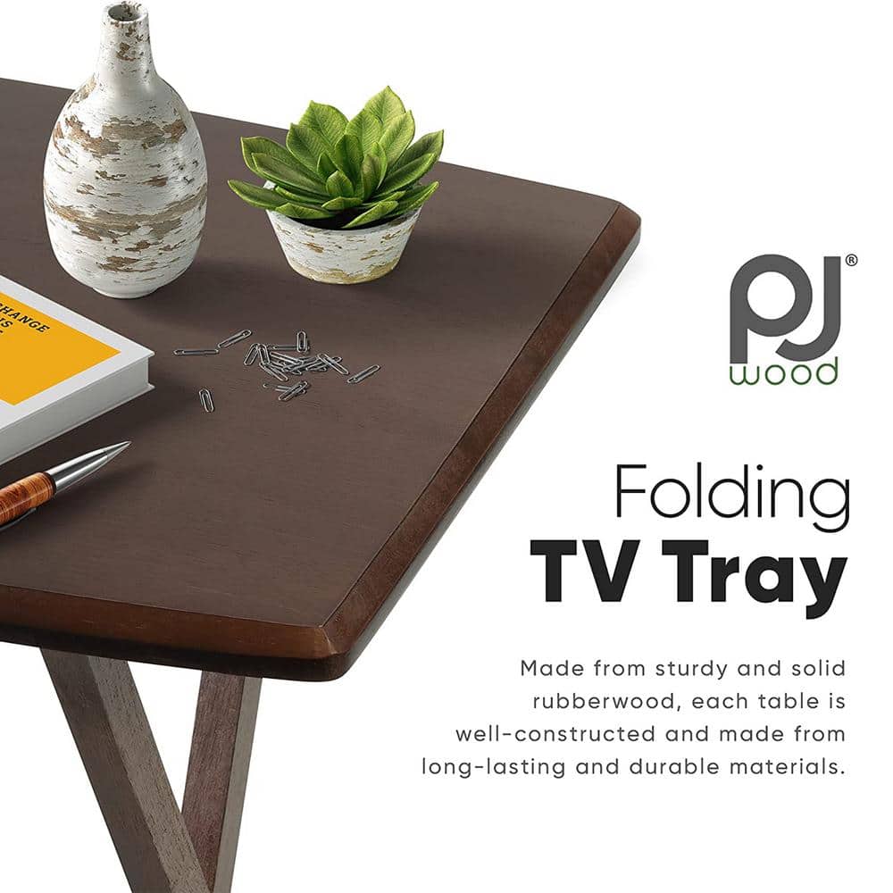 Walnut Solid Wood Folding TV Tray Table Set with Storage Rack, 10-Piece
