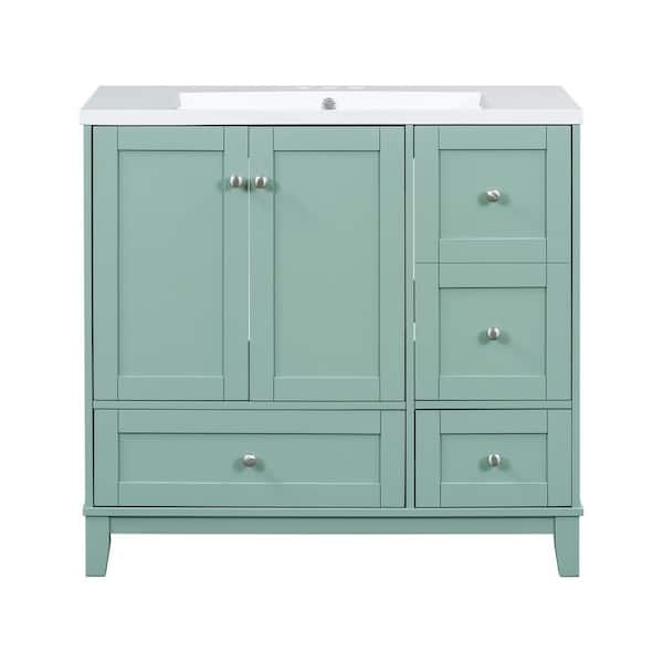 36 in. Single Sink Freestanding Green Bath Vanity with White Ceramic Top, USB Charging
