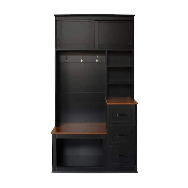 Modern Entryway Bench with Coat Rack, 3 Shelves and Drawers, 3 Sturdy Hooks, Storage Bench for Hallway, Entryway, Black