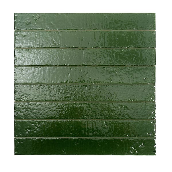 Valenza 2 in. x 16 in. Glossy Tropical Green Ceramic Zellige Subway Wall Tile Sample (0.22 sq ft)