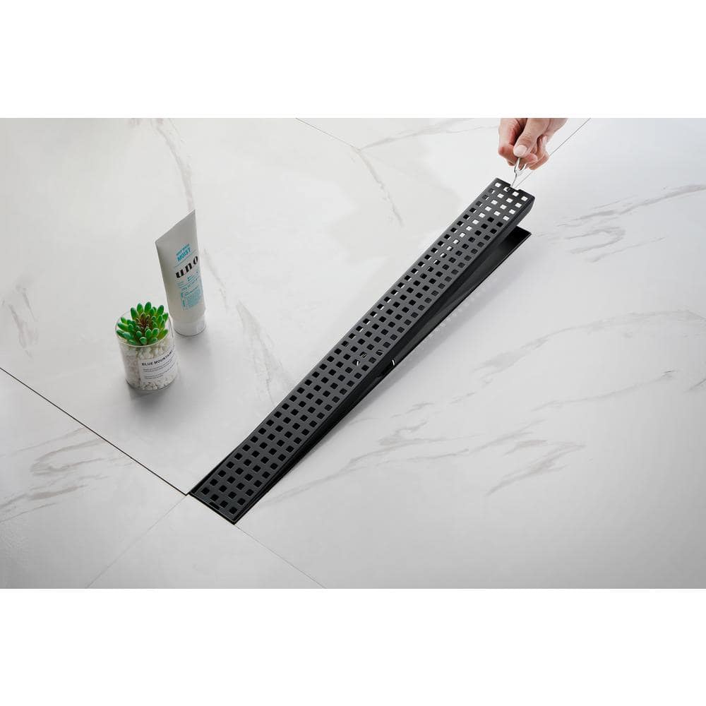 24-Inch Matte Black Stainless Steel Linear Shower Drain with Quadrato Grate