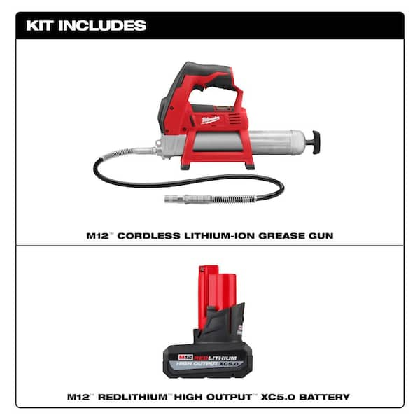 M12 12V Lithium-Ion Cordless Grease Gun (Tool-Only) & M12 12-Volt Lithium-Ion XC High Output 5.0 Ah Battery Pack