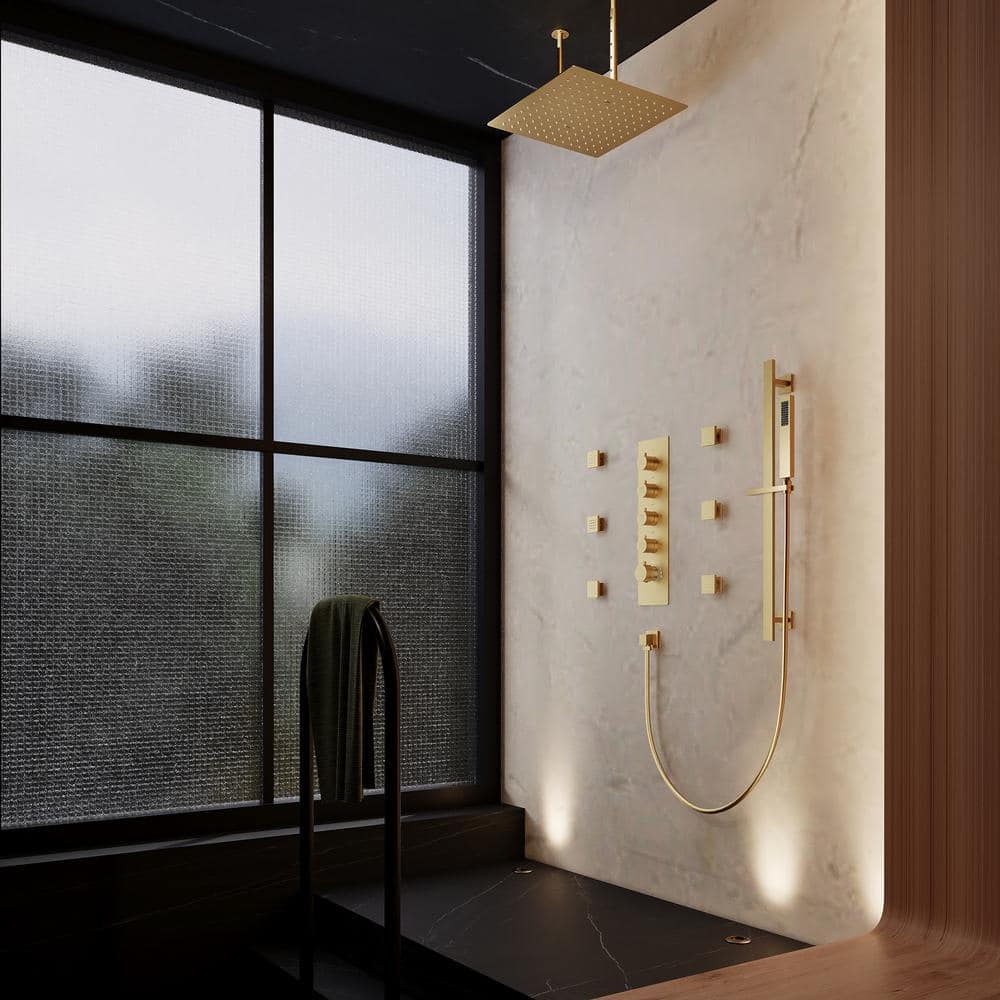 Luxurious Brushed Gold Dual Ceiling Mount Shower System