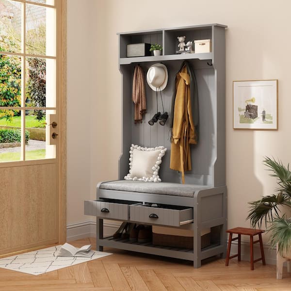 3-in-1 Coat Bench in. 68.5 Hooks KF020217-03-KPL - Depot Storage Rack Wood 2-Drawers, Gray WIAWG with and 4-Metal Home The