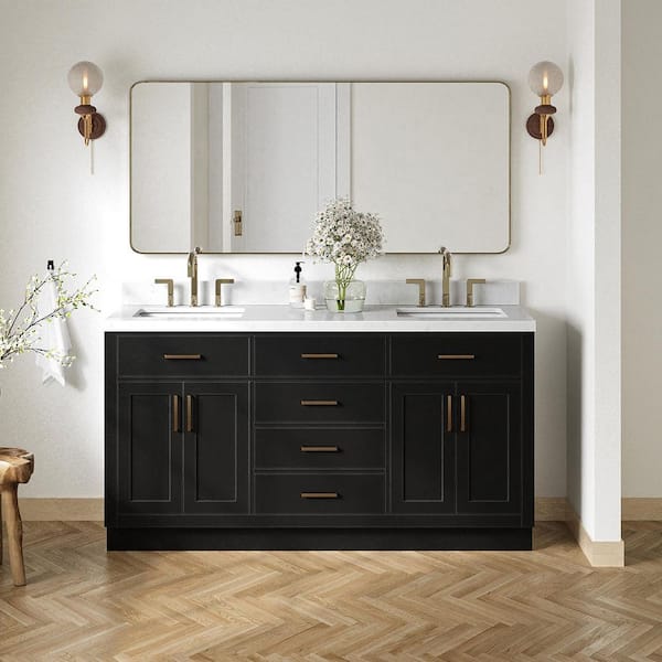 ARIEL Hepburn 66 in. Double Sink Freestanding Bathroom Vanity in Black with Carrara White Quartz Top