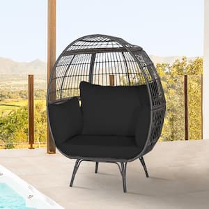 Light Brown Wicker Outdoor Egg Lounge Chair with 4 Black Cushions