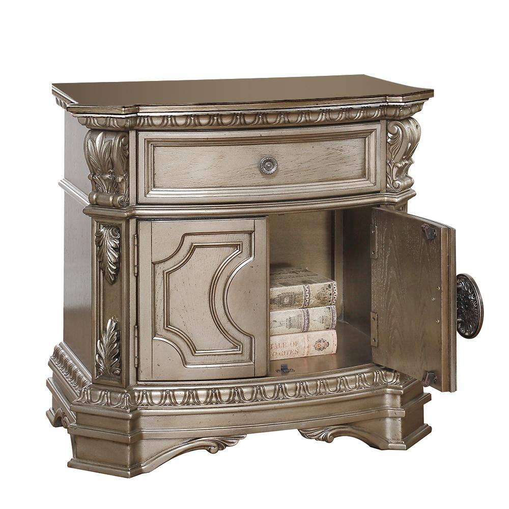 Antique Silver Elegance 30" Nightstand with Drawer and Carved Details