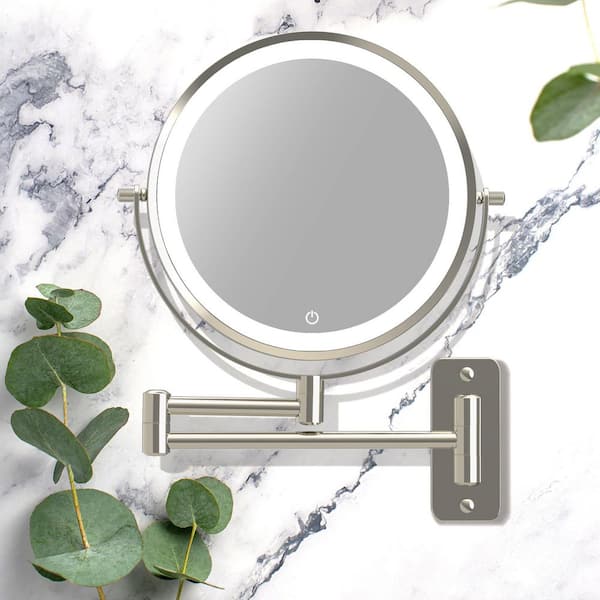 8 in. W x 8 in. H Round LED Vanity Mirror with 3-Color Wall Mounted Bathroom Makeup Mirror 1X/7X Magnification in Nickel