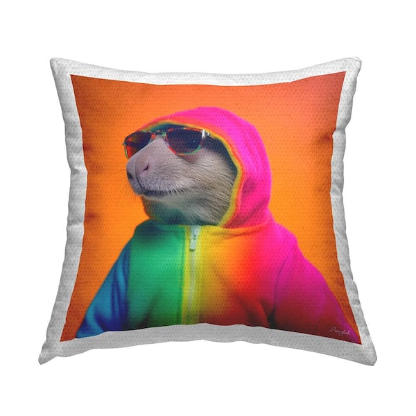 Stupell Industries Capybara Rainbow Hoodie Multi-Color Square Outdoor Throw Pillow