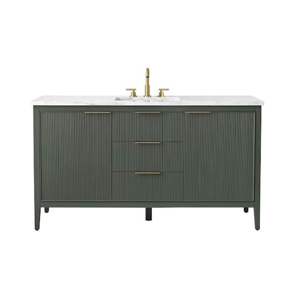 Emma 60 in. W Bath Vanity in Vintage Green with Engineered Stone Top in Arabescato with White Sink