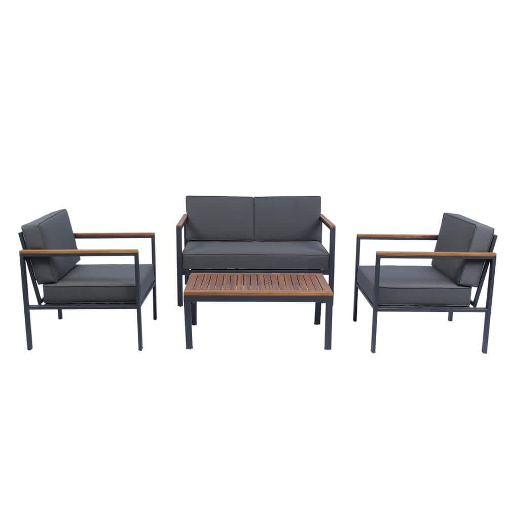 4-Piece outdoor steel sofa set acacia wood table top Suitable for garden, b