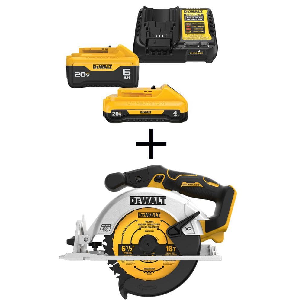 DEWALT 20V MAX Cordless Brushless 6-1/2 in. Circular Saw with 6.0 Ah and 4.0 Ah Starter Kit (DCS565BDCB246)