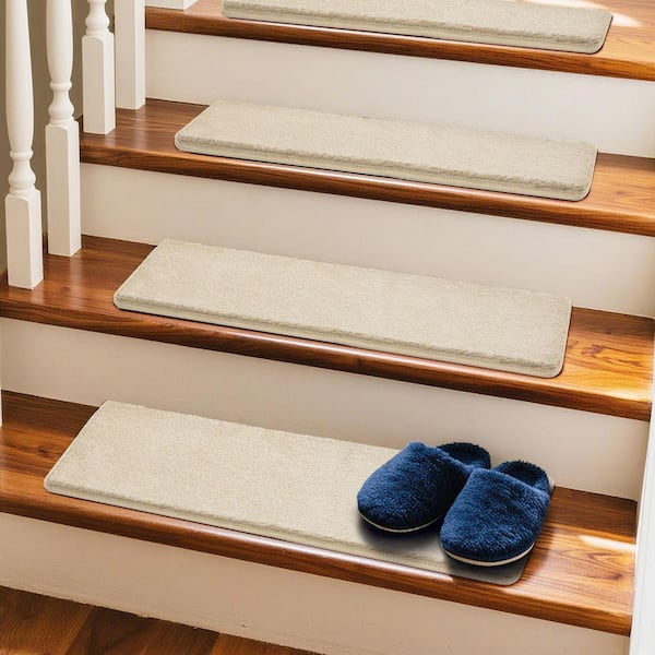 Plush Beige 8 in. x 30 in. x 1 in. Carpet Stair Tread Cover Protector Peel Stick Tape Free Reusable Indoor Mat Set of 12
