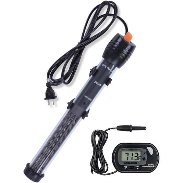 500-Watt Black Submersible Aquarium Heater with 2 Suction Cups Thermometer