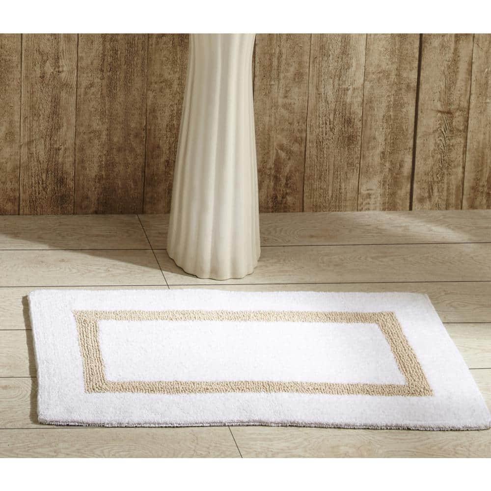 Plush Reversible Cotton Bath Mat Rug in White and Sand, 17" x 24"