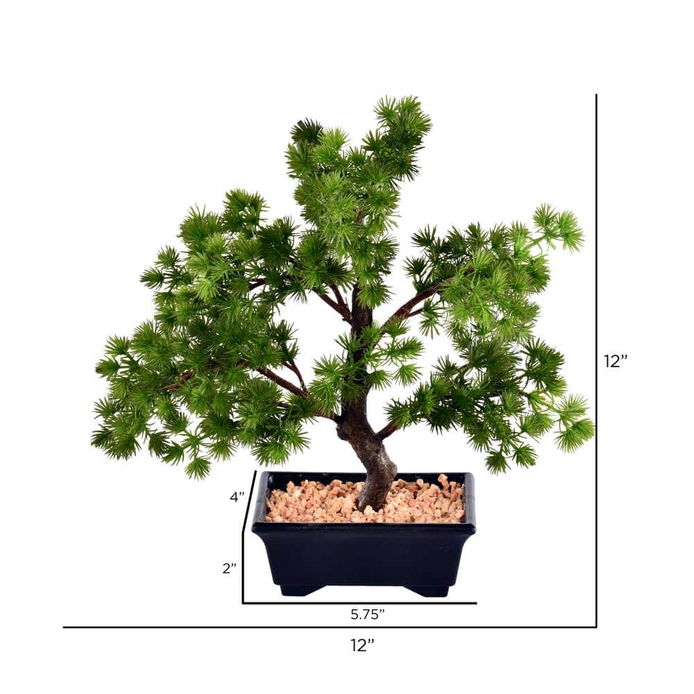 Tiny Green Faux Pine Bonsai Tree in Black Plastic Pot