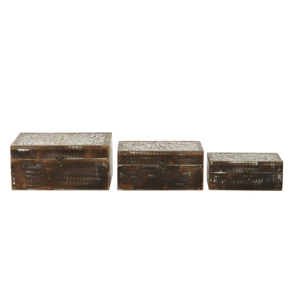 Handmade Brown Mango Wood Floral Decorative Box Set with Hinged Lid